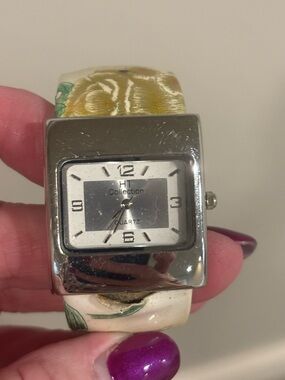 HT Collection Square Silver Quartz Watch with Floral Band